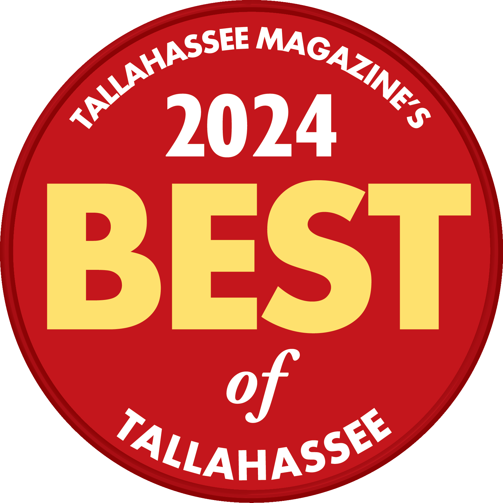 Red circular logo with "Tallahassee Magazine's 2024 Best of Tallahassee" in bold yellow and white text.