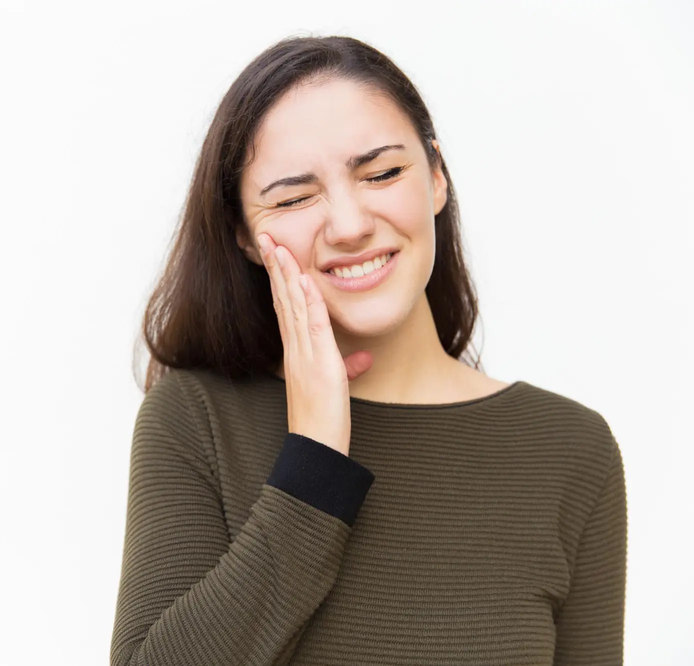 Frustrated woman with pain grimace touching cheek because of underbite her teeth at Redemption Orthodontics in Tallahassee, FL