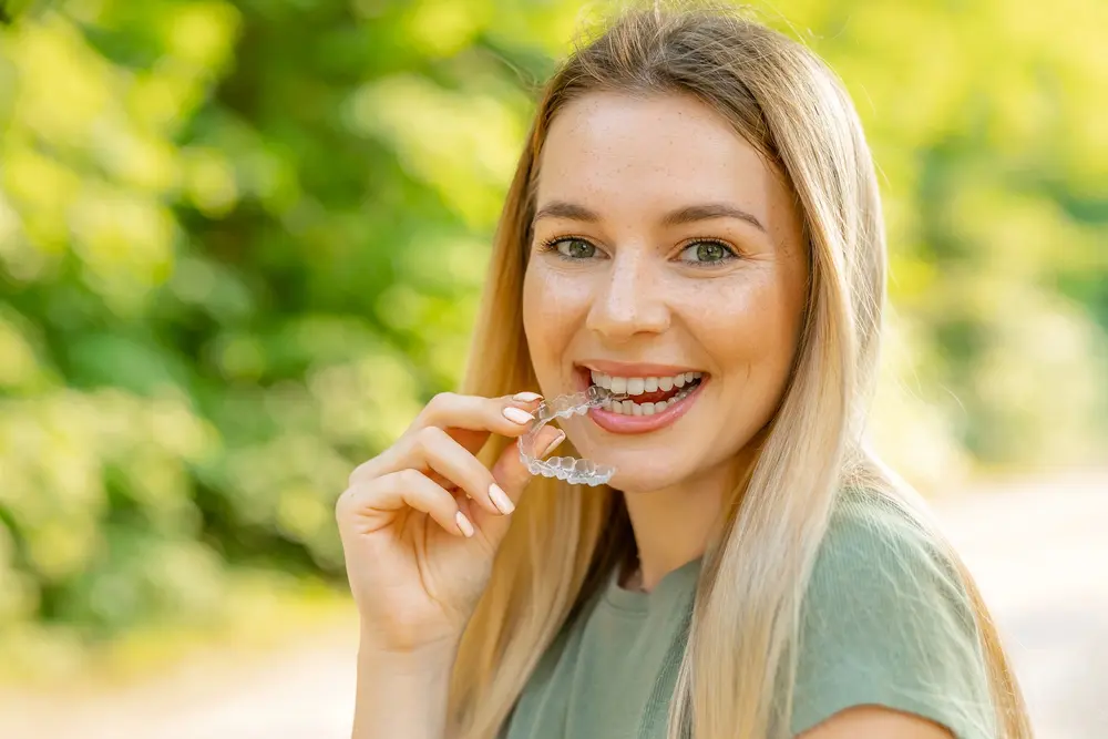 A smiling woman with long blonde hair holds a clear dental aligner near her mouth outdoors on a sunny day, after understanding Does Insurance Cover Invisalign in Tallahassee and Bradfordville, FL