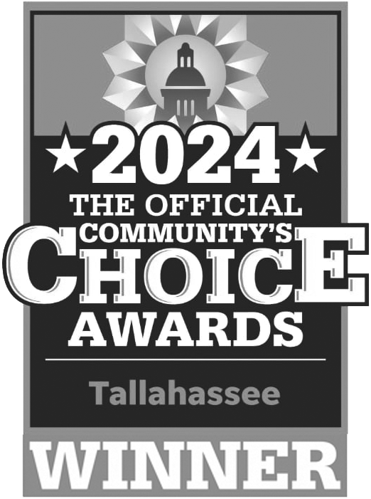 A badge featuring a building icon at the top reads “2024 The Official Community's Choice Awards Tallahassee Winner,” highlighting Redemption Orthodontics in Tallahassee, FL.