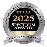 A round silver badge with five gold stars shows "2025 Spectrum Award for Service Excellence," honoring Redemption Orthodontics in Tallahassee, FL. A round silver badge with five gold stars shows "2025 Spectrum Award for Service Excellence," honoring Redemption Orthodontics in Tallahassee, FL.