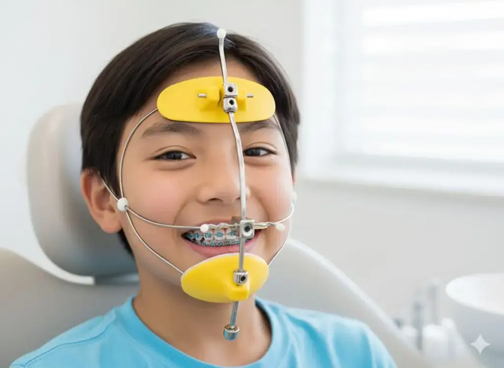 In Tallahassee, FL at Redemption Orthodontics, a boy with braces sits in a dental chair wearing yellow reverse pull headgear - Reverse Pull Headgear Braces in Tallahassee, FL.