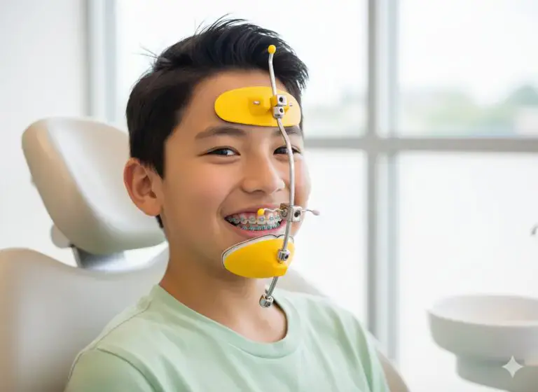 Smiling in a dental chair, a boy with yellow reverse pull headgear braces is at Redemption Orthodontics in Tallahassee, FL - Reverse Pull Headgear Braces in Tallahassee, FL.