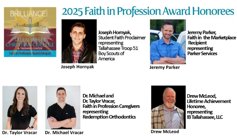 2025 Faith in Profession Caregiver Award Honorees in Tallahassee, FL, with Redemption Orthodontics; photos of five recipients.
