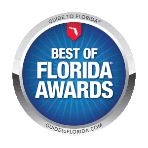 A circular badge features "Florida’s Best in 2025" and "Best of Florida Awards," with Redemption Orthodontics in Tallahassee, FL, a red Florida outline on top, and GUIDETOFLORIDA.COM at the bottom.