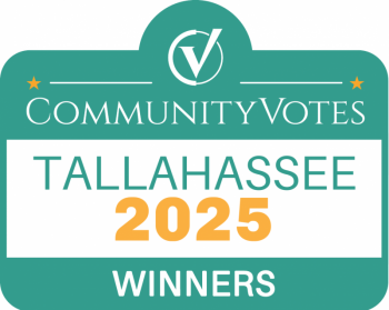 Teal and white CommunityVotes 2025 Winners badge with yellow stars, honoring Redemption Orthodontics in Tallahassee, FL.