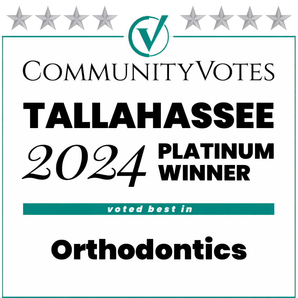Recognized as the 2024 Platinum Winner for Orthodontics by CommunityVotes Tallahassee Platinum Winner badge for best in Orthodontics, awarded to Redemption Orthodontics in Tallahassee, FL by CommunityVotes 2024.