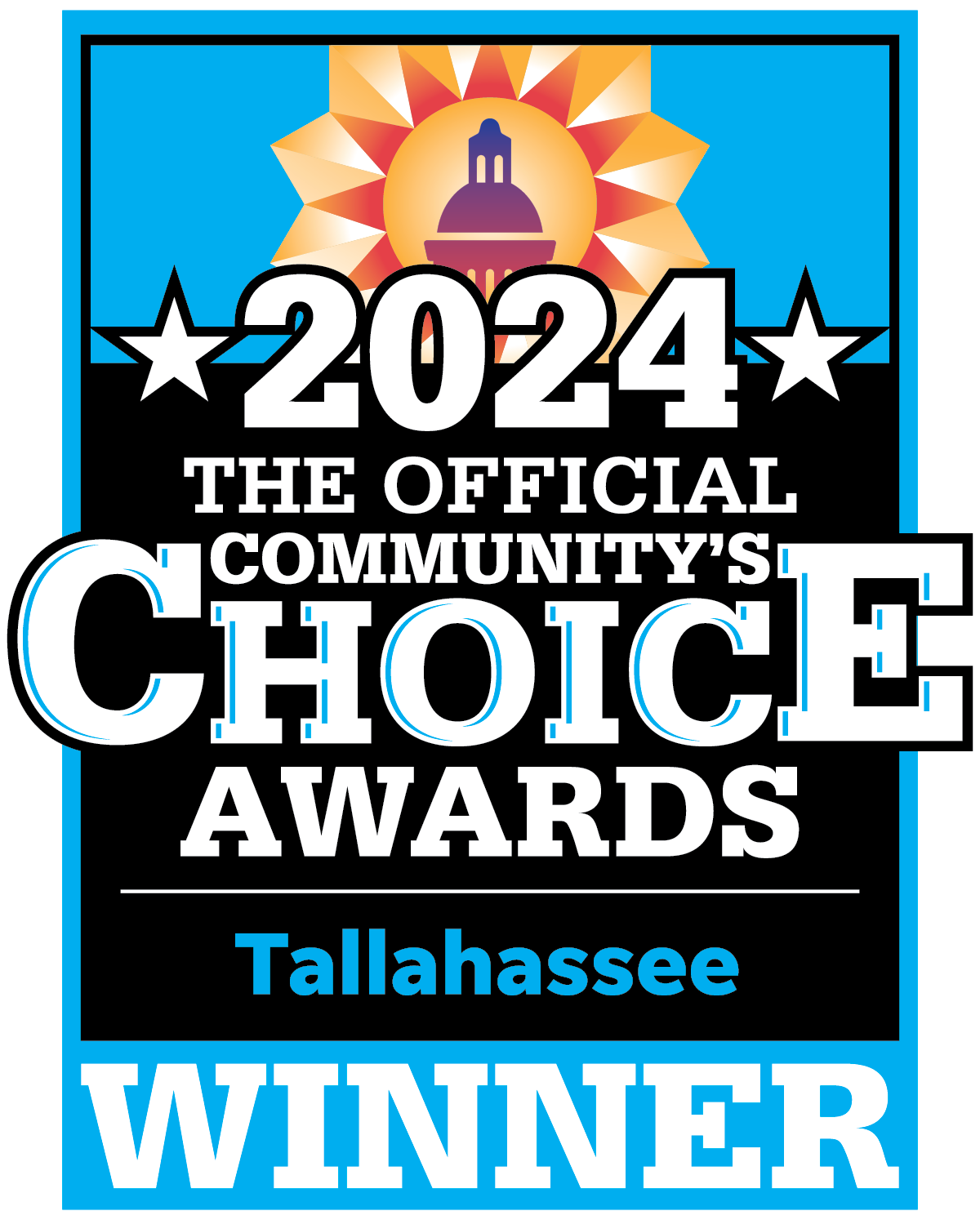 Community Choice Award 2024 Winner badge for the 2024 Community's Choice Awards featuring a sunburst and capitol dome, for Redemption Orthodontics in Tallahassee, FL.
