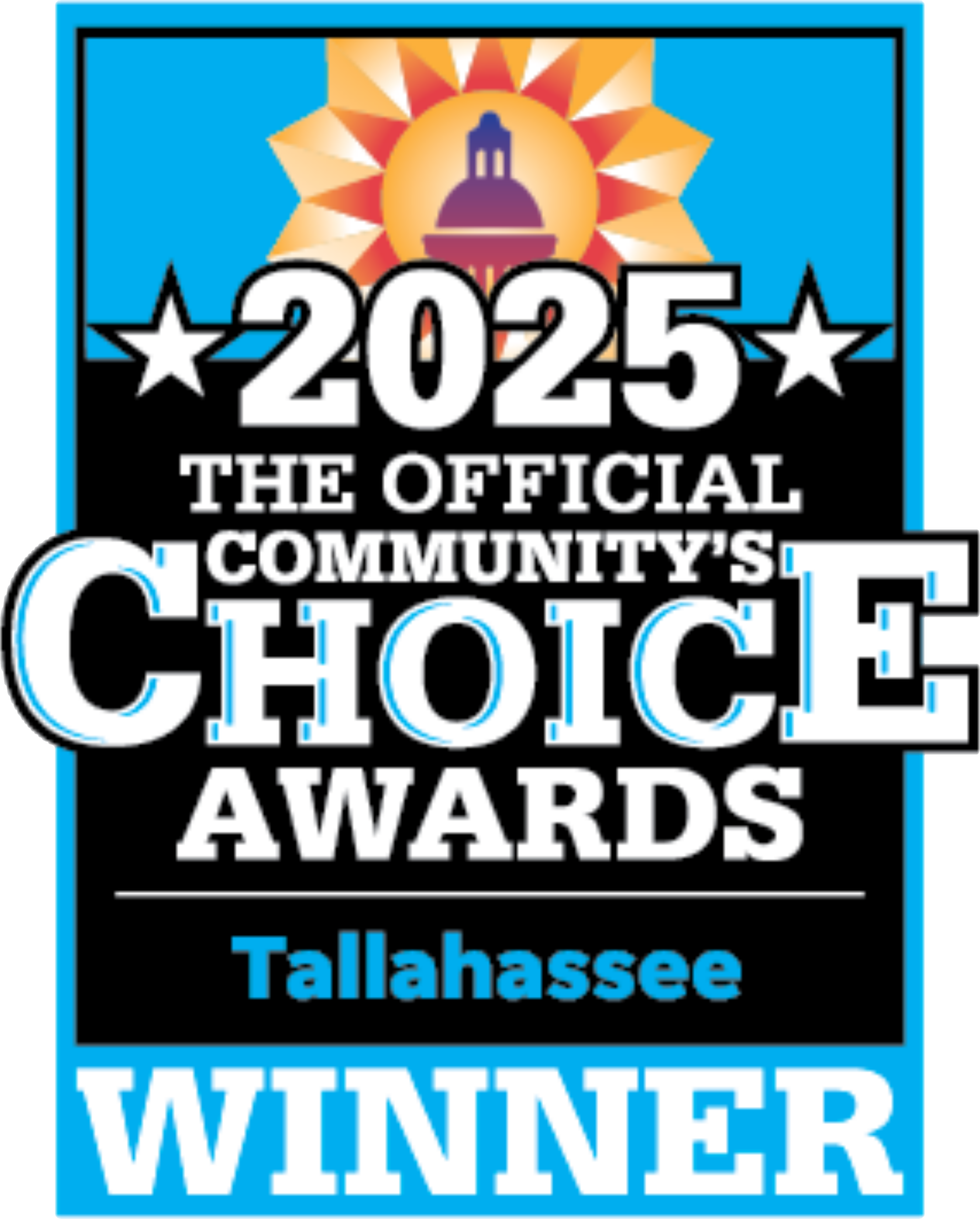 Community Choice Award 2025 2025 Community’s Choice Awards Winner badge for Redemption Orthodontics in Tallahassee, FL, with sun and capitol graphic.