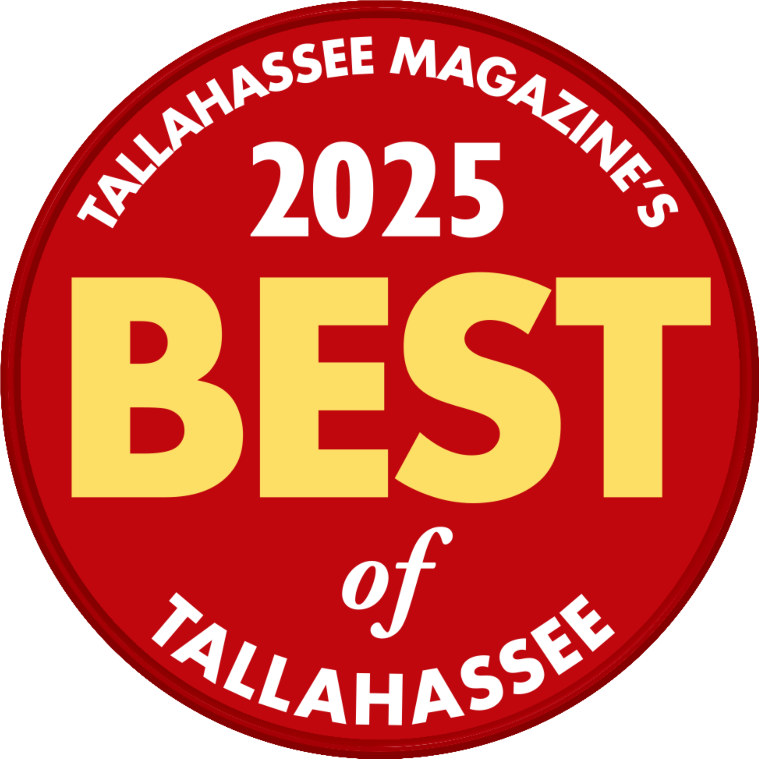 Tallahassee Magazine 2025 A round red badge showing "Tallahassee Magazine's 2025 Best of Tallahassee," featuring Redemption Orthodontics in Tallahassee, FL.