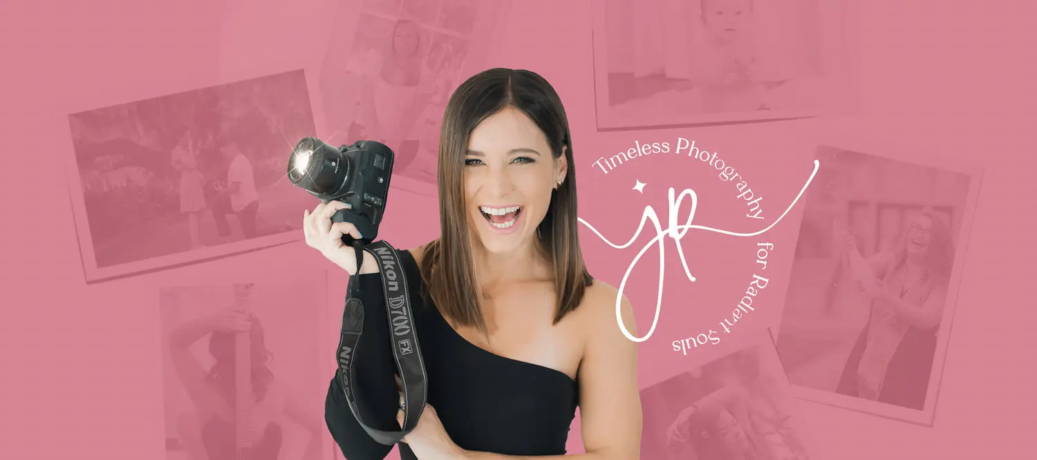 Jennifer Powell smiles at the viewer while holding a camera, standing before a pink backdrop with faded family photos and the “Timeless Photography for Radiant Souls” logo, promoting Redemption Orthodontics in Tallahassee, FL.