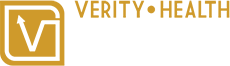 Logo for Redemption Orthodontics in Tallahassee, FL featuring Verity Health Center’s stylized “V” and arrow inside a square alongside bold gold text: “VERITY HEALTH CENTER FAMILY WELLNESS.”.